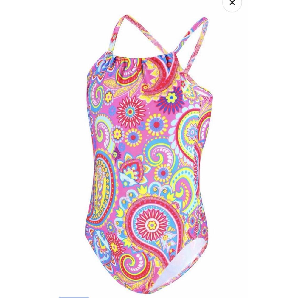Girls Pink Paisley Print One Piece Swimsuits Size 5-6 New